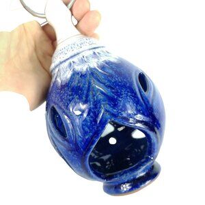 Pottery Lantern Blue And White Small Hanging Candle Holder Hand Made Signed
